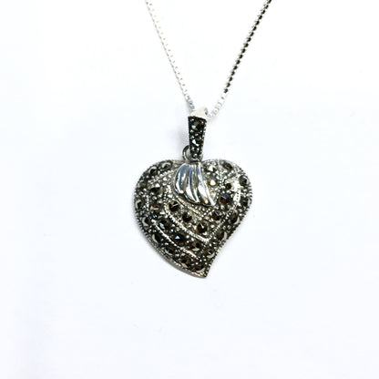Necklace - 925 Sterling Silver Marcasite Stone Strawberry Heart Pendant Necklace - 20in - Discount Estate Jewelry - Blingschlingers