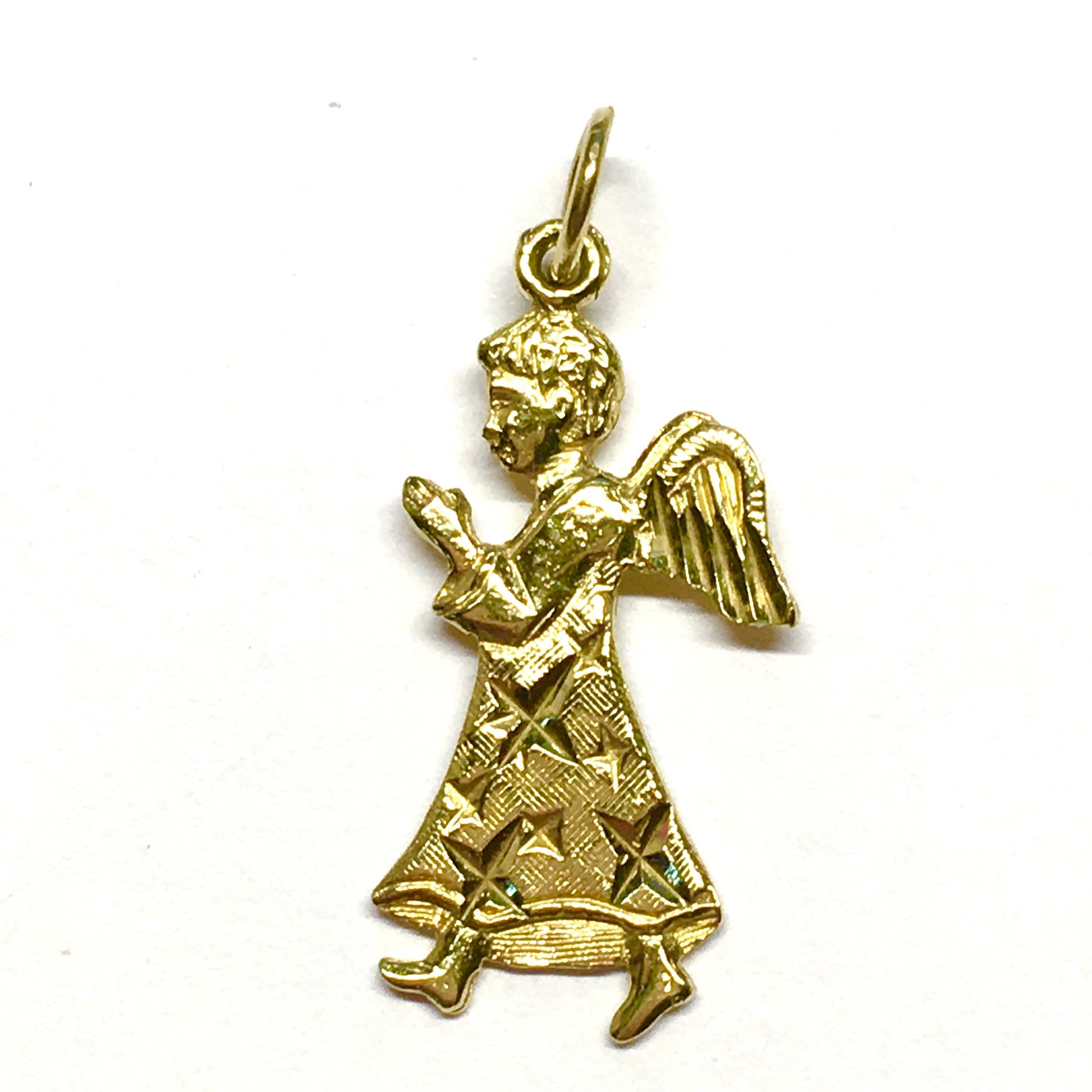 Charm - Mens or Womens Praying Angel Pendant - 14k Gold Diamond Cut Angelic Child Charm - Discount Estate Jewelry at Blingschlingers