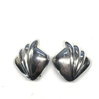 Clip on Earrings - 80s Style Sterling Silver Asymmetrical Modernist Fan Design Clip-On Earrings - Discount Estate Jewelry