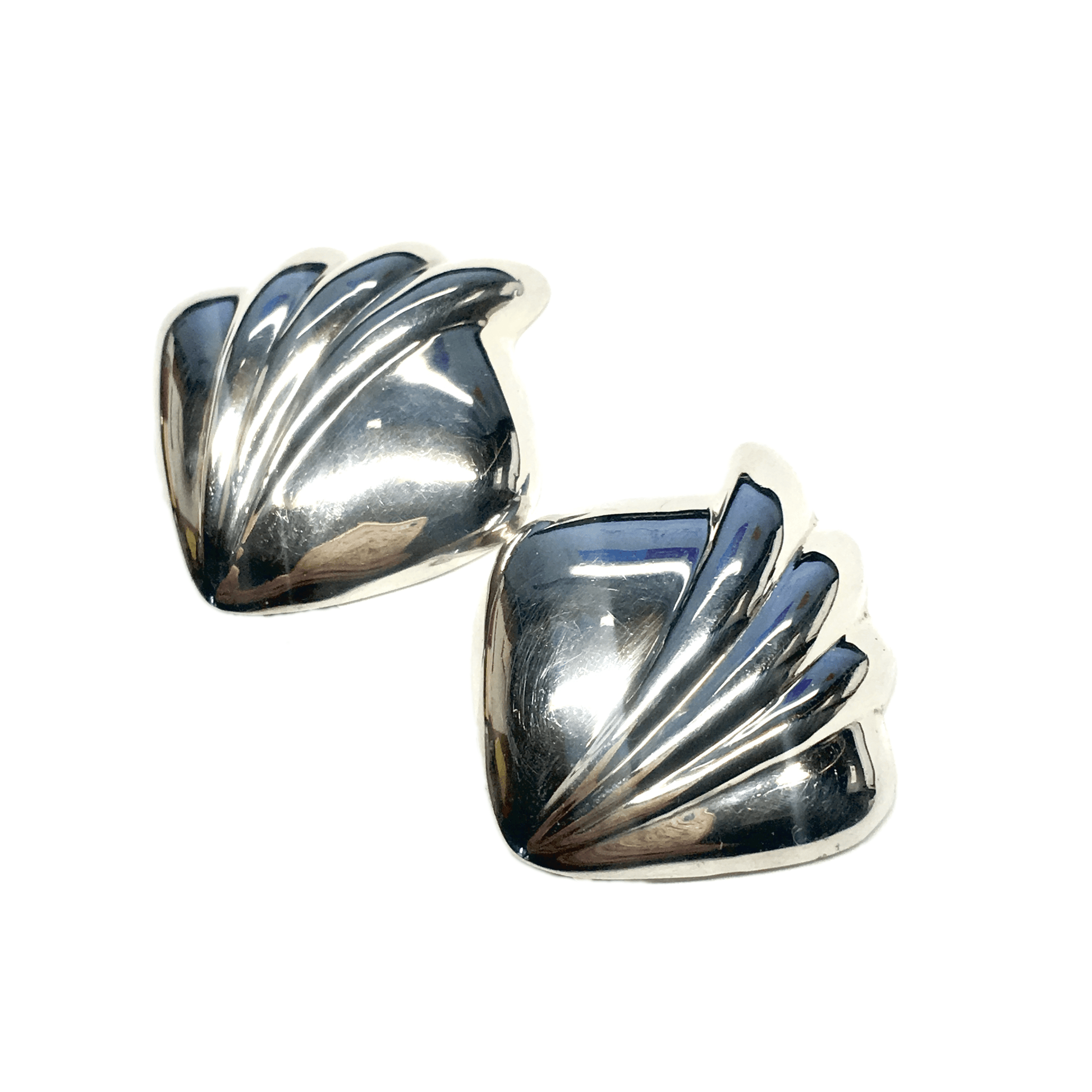 Clip on Earrings - 80s Style Sterling Silver Asymmetrical Modernist Fan Design Clip-On Earrings - Discount Estate Jewelry