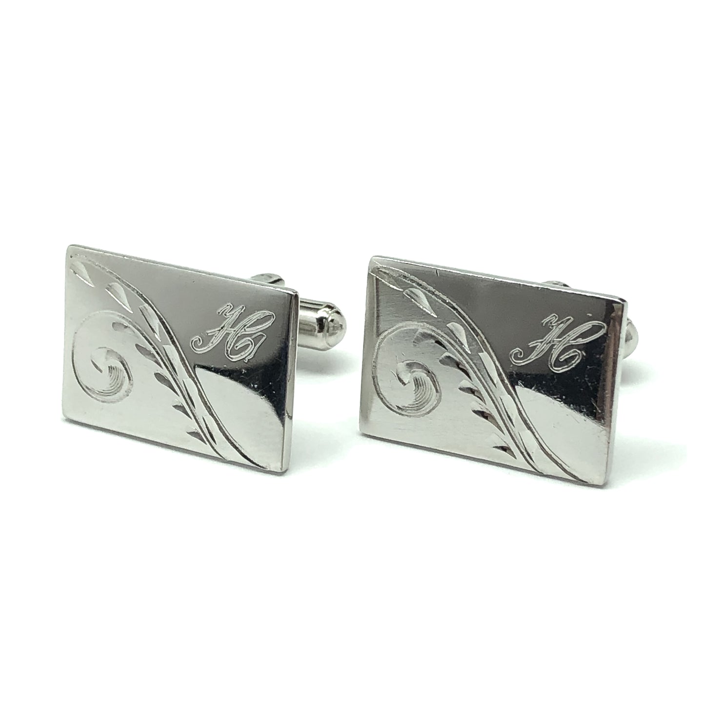 Vintage Jewelry | Mens Vintage Rectangle Monogram H Scrolling Quill Design Silver Cufflinks
