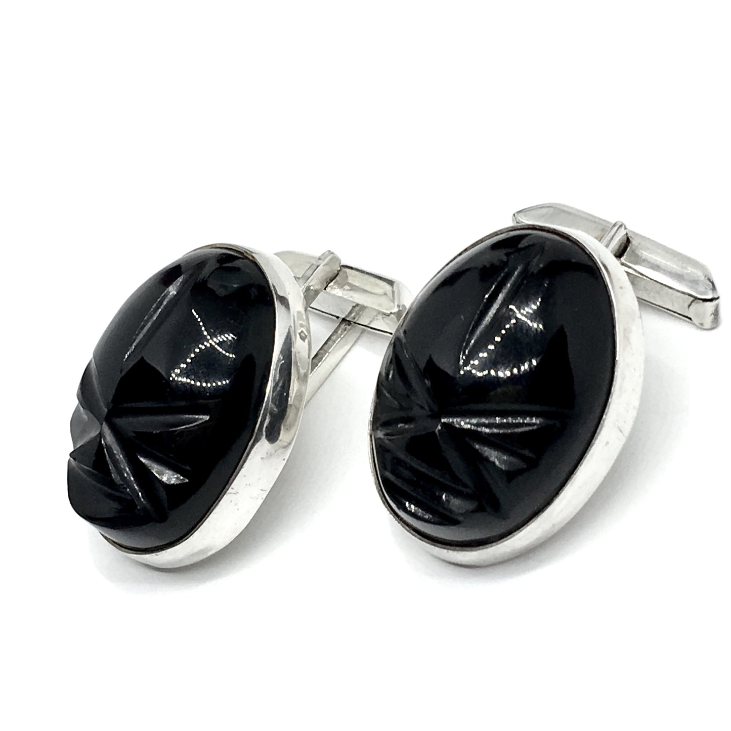 Mens Cufflinks | Vintage Sterling Silver Black Carved Stone Whaleback Cuff Links