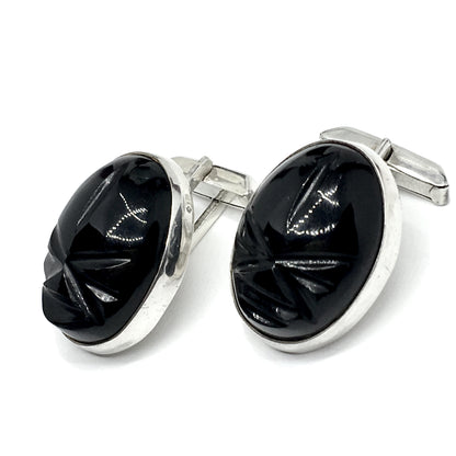 Mens Cufflinks | Vintage Sterling Silver Black Carved Stone Whaleback Cuff Links