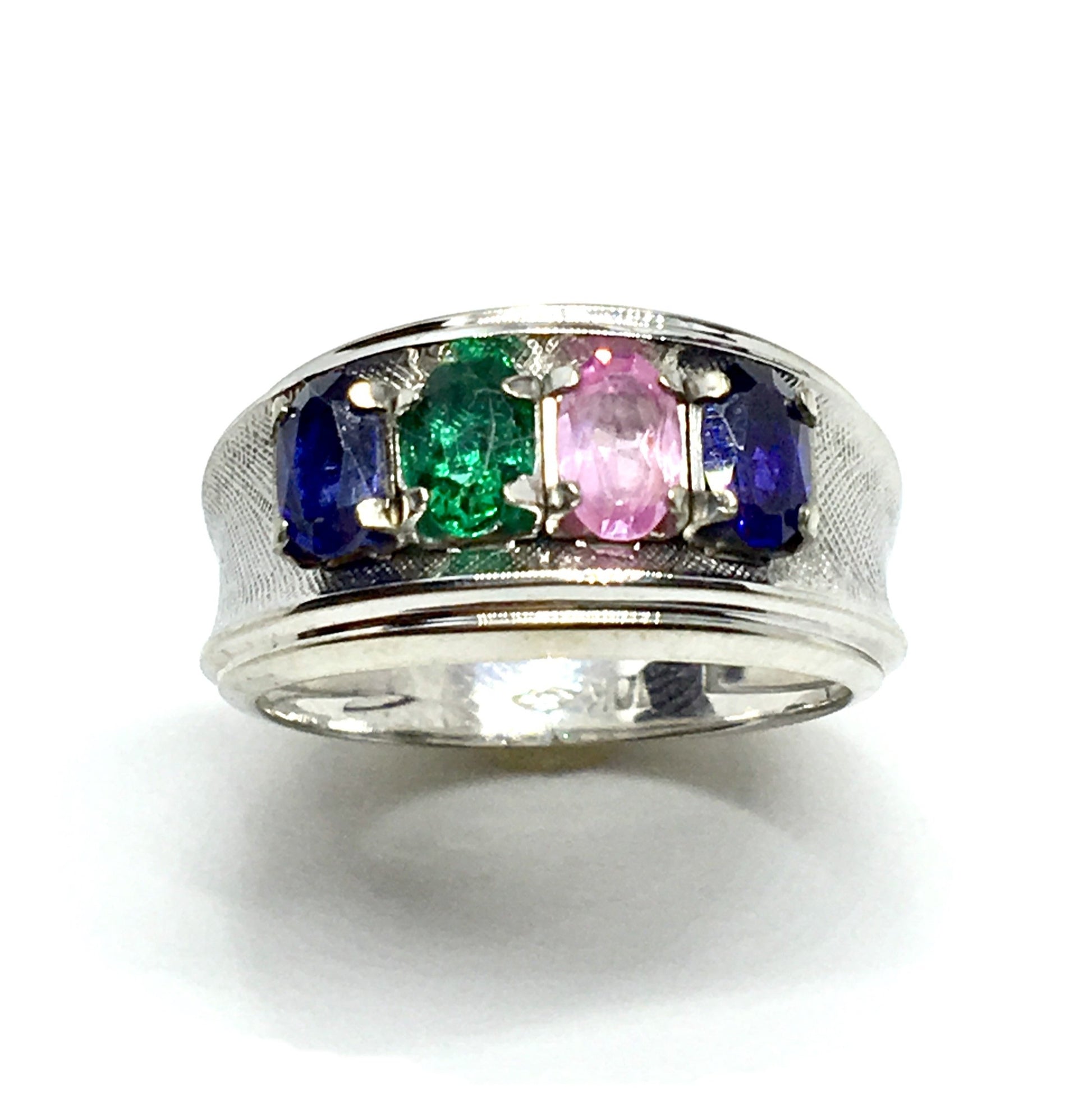 10k White Gold Band, Vintage Fancy Multicolor Stone Ring