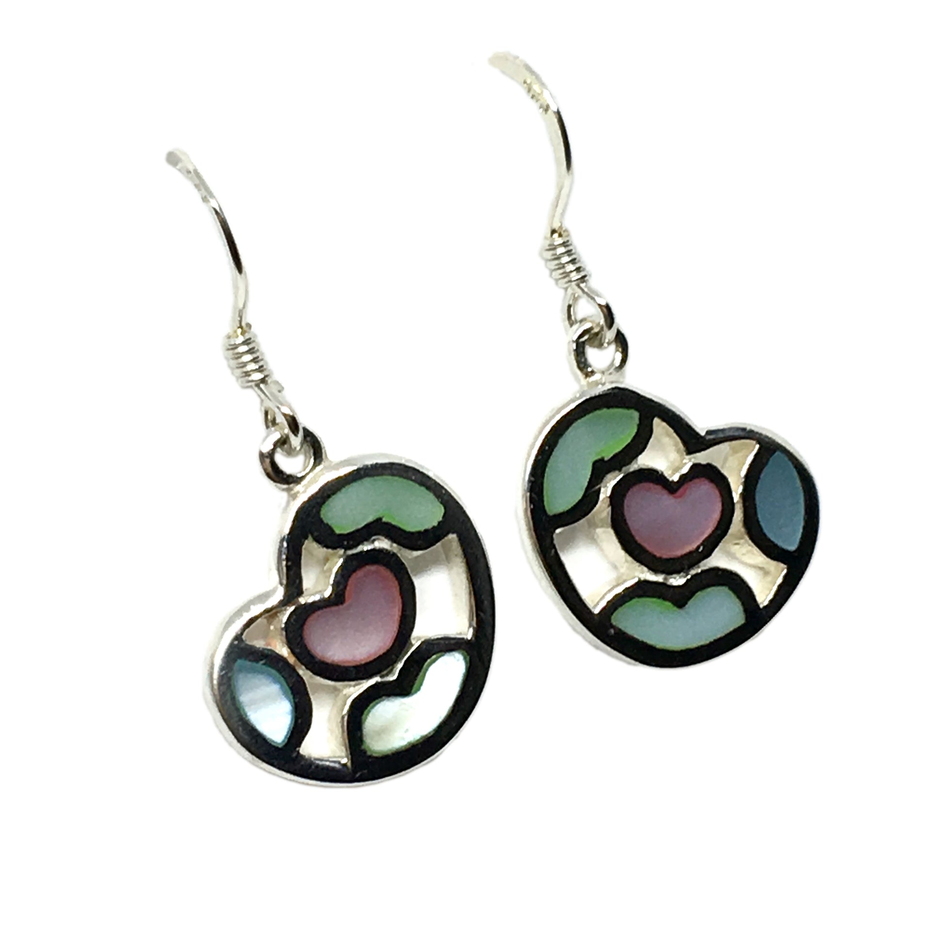 Pink Green Pearl Heart 925 Sterling Silver Dangle Earrings