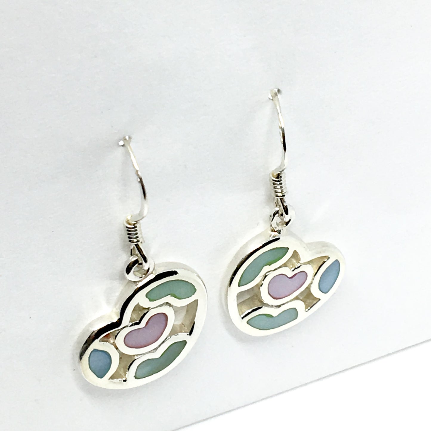 Earrings ~ Sterling Silver Heart Design Pink Green Pearl Dangle Earrings