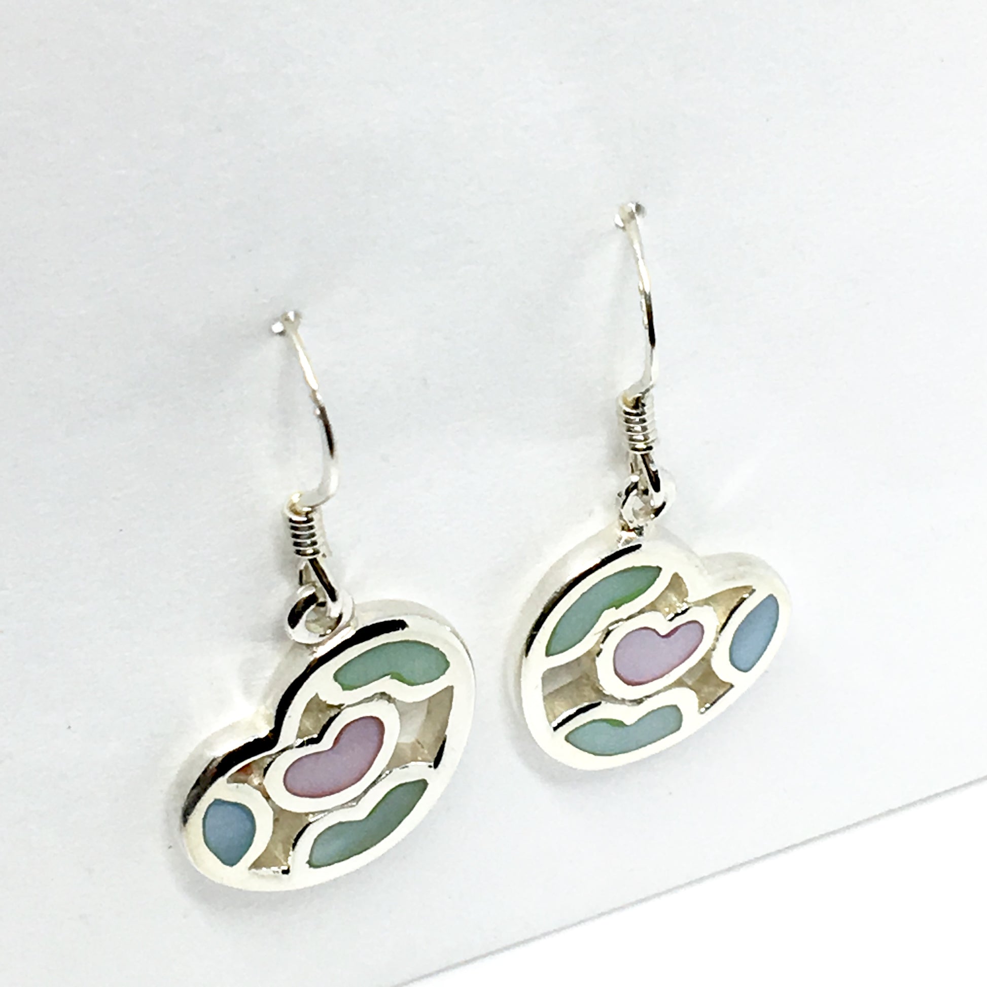 Earrings ~ Sterling Silver Heart Design Pink Green Pearl Dangle Earrings