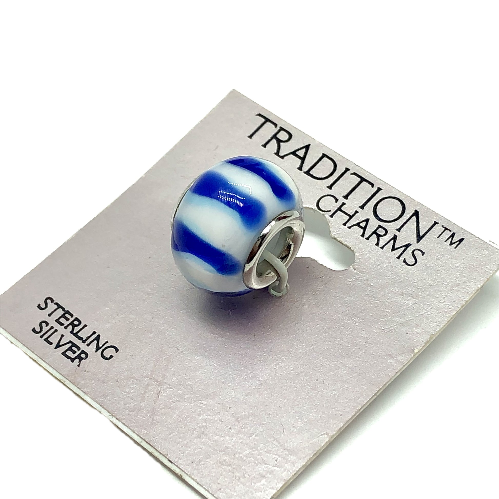 Jewelry | Sterling Silver Blue White Stripe Style Bead Charm  - Blingschlingers Jewelry