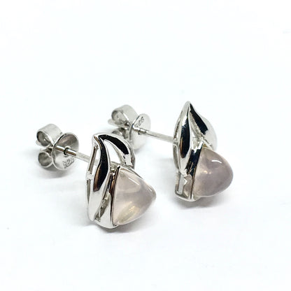 Silver Jewelry - Stud Earrings, Unique Edgy Style, Unique Torpedo Cut, Pink Quartz Stone Earrings