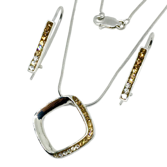 Matching Jewelry Set 925 Sterling Silver Sparkly Amber Ombre Crystal Earrings + Pendant Necklace