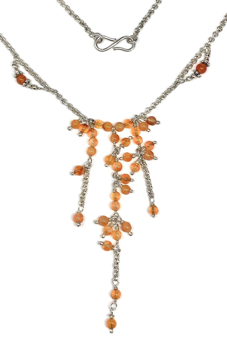 Womens Sterling Silver Ikura Orange Carnelian Beaded Waterfall Tassel Y-chain Necklace 