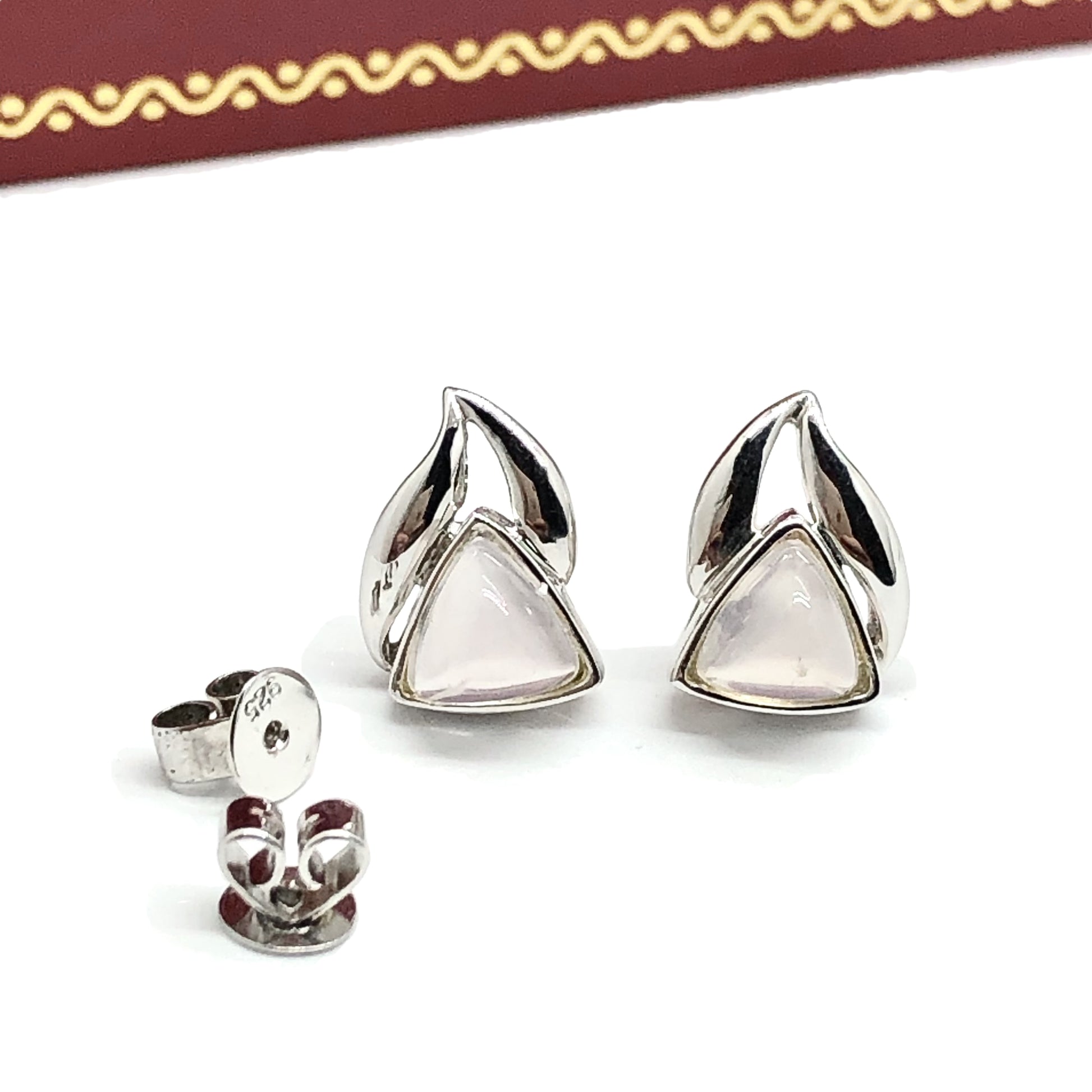 Edgy Style Sterling Silver Fancy Torpedo Trillion cut Rose Quartz Stone Earrings