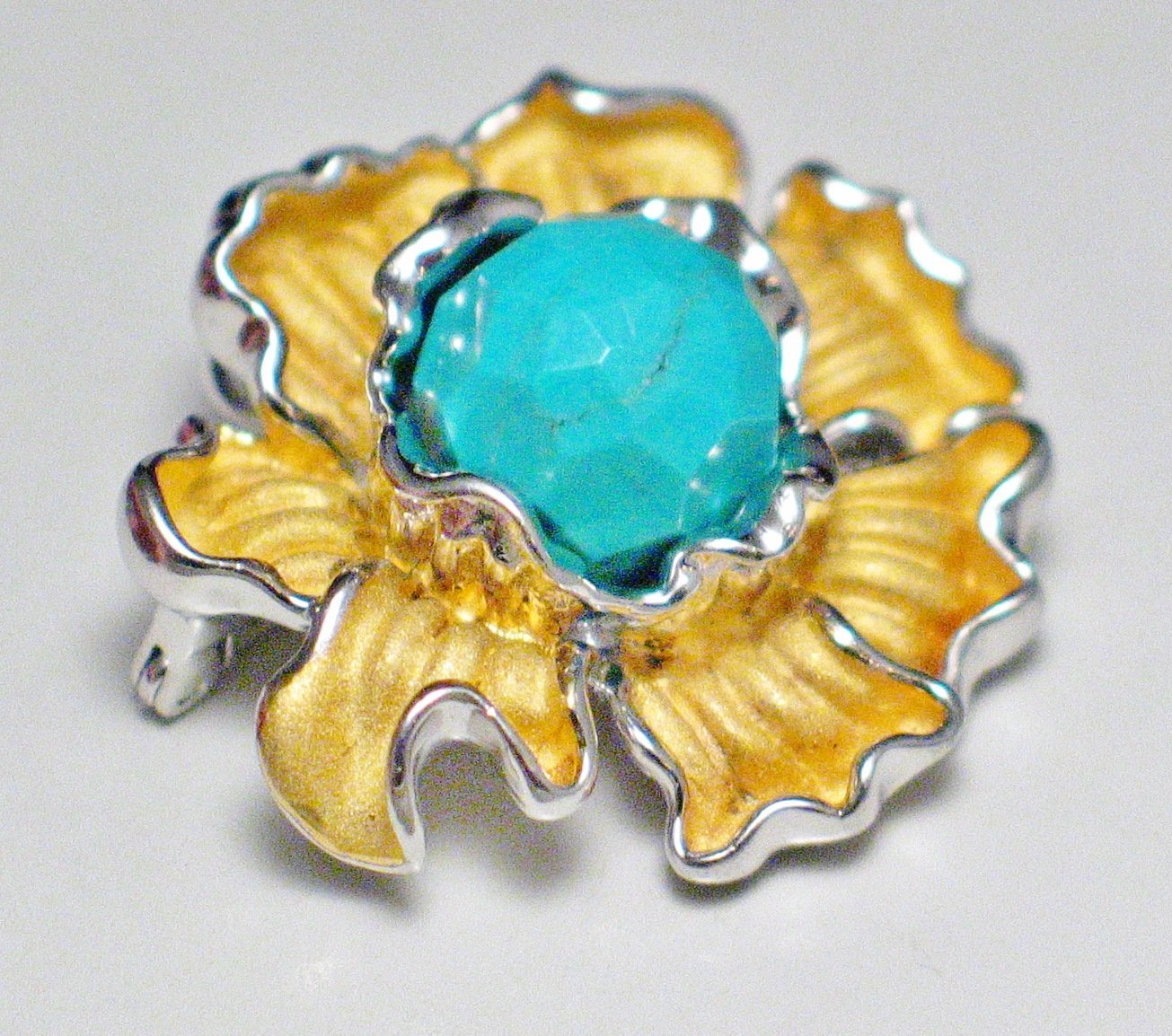 Sterling Silver Brooch, Turquoise Flower Design Convertible Pin to Pendant