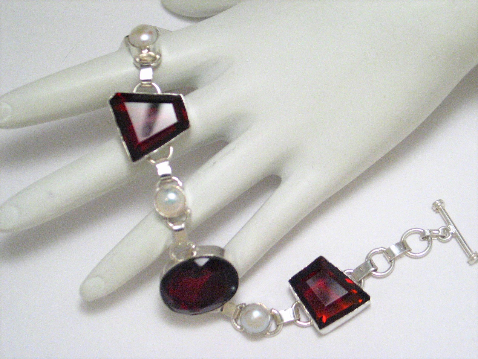 Sterling Silver Bracelet, 8in Big Chunky White Red Stone 925 Silver Bracelet for sale