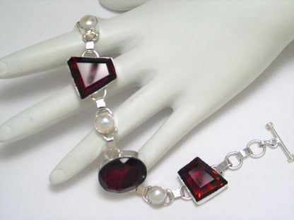 Sterling Silver Bracelet, 8in Big Chunky White Red Stone 925 Silver Bracelet for sale