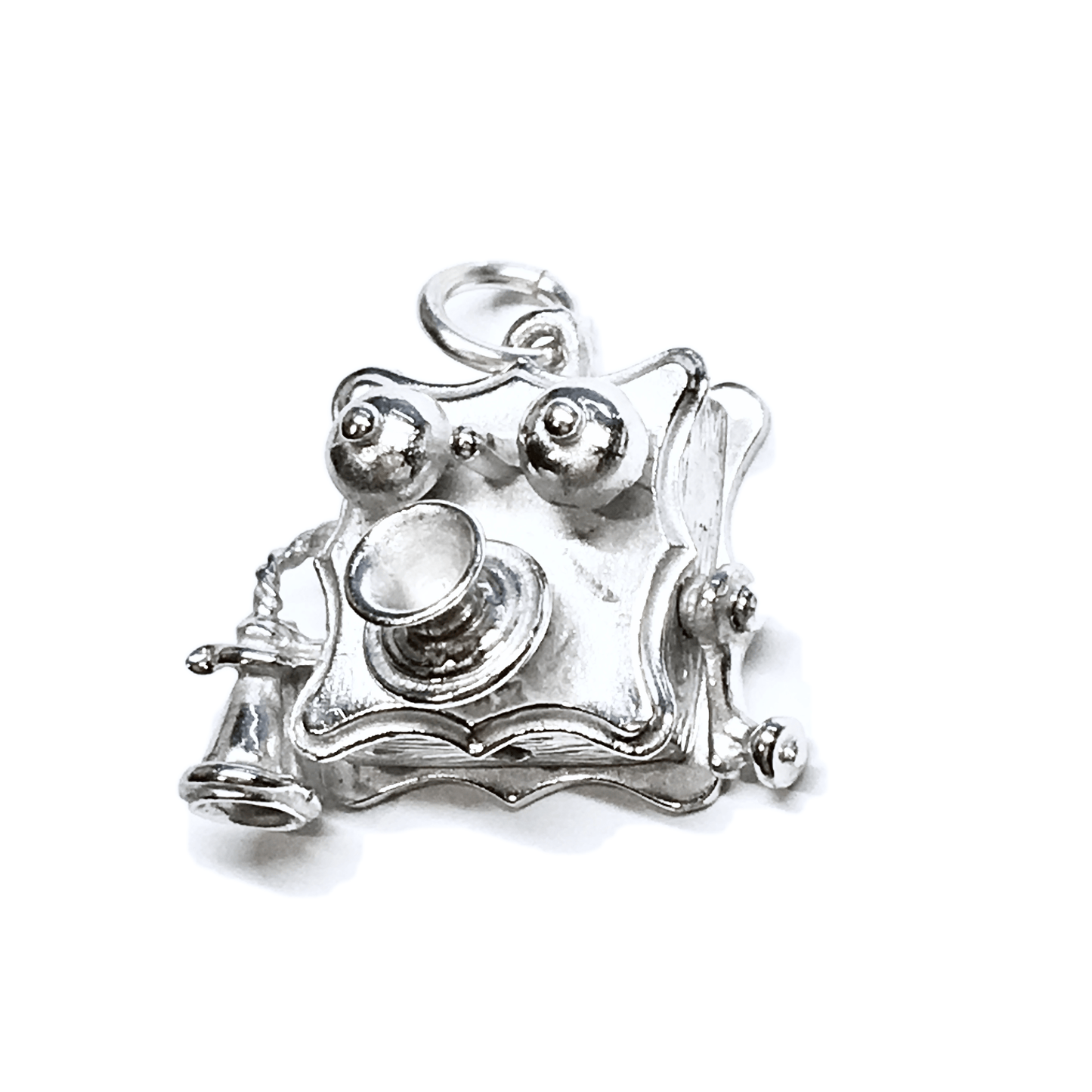 Sterling Silver Bracelet Charm, Vintage Beau 3d Style Hand Crank Phone Charm
