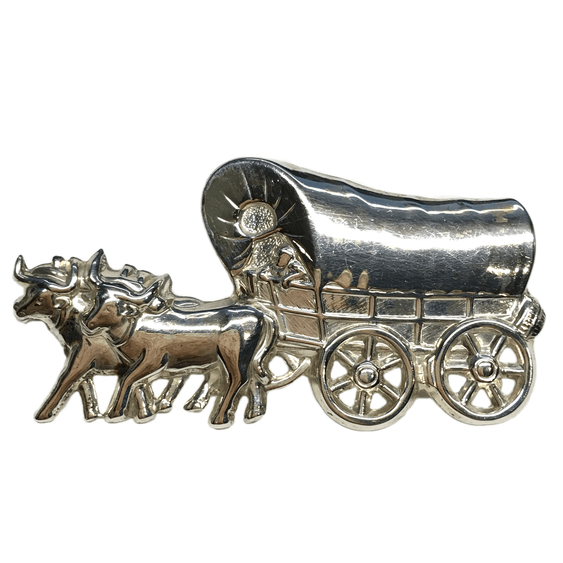 Sterling Silver Brooches & Lapel Pins, Vintage Southwest Style Cow & Covered Chuckwagon Brooch