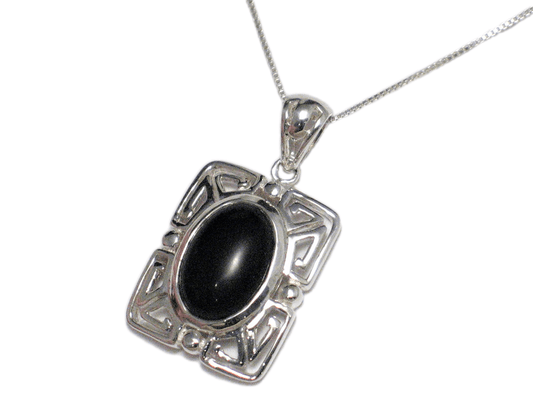 Sterling Silver Charm Necklace, Meandering Greek Key Filigree Black Stone Pendant Necklace