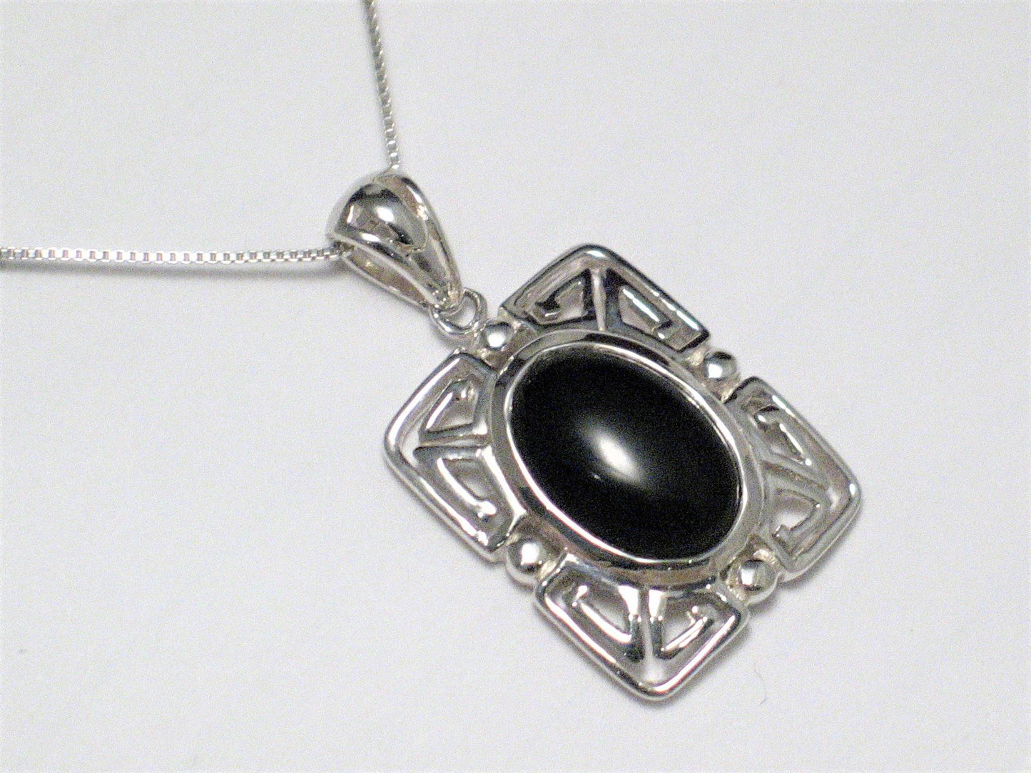 Sterling Silver Necklace, Meandering Greek Key Filigree Black Stone Pendant Necklace