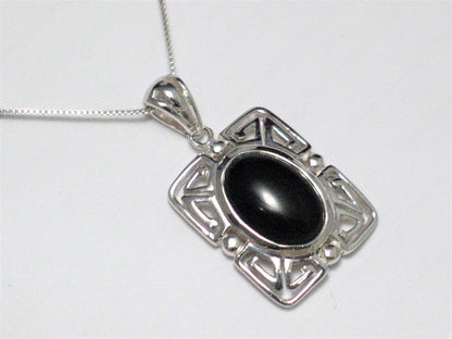 Sterling Silver Necklace, Meandering Greek Key Filigree Black Stone Pendant Necklace