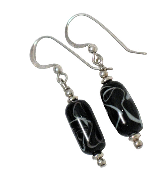 Sterling Silver Dangle Earrings, Elegant Black White Glass Bead Drop Earrings