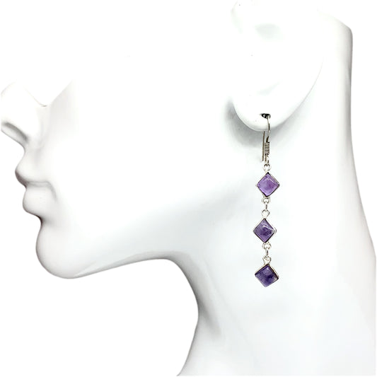 Sterling Silver Dangle Earrings Purple Amethyst Gemstone Earrings