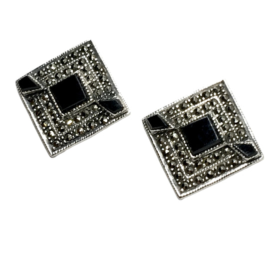 Sterling Silver Earrings, Womens  Vintage Jewelry, Marcasite Stone, Large Diamond Design Stud Earrings