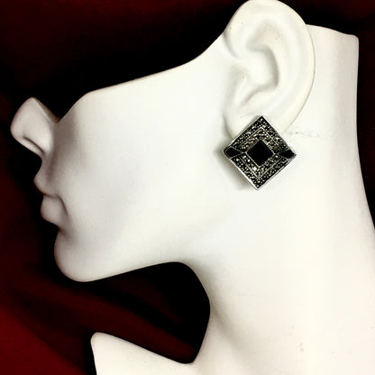 Earrings Womens - Estate Sterling Silver Black Marcasite Stone Diamond Design Drop Earrings
