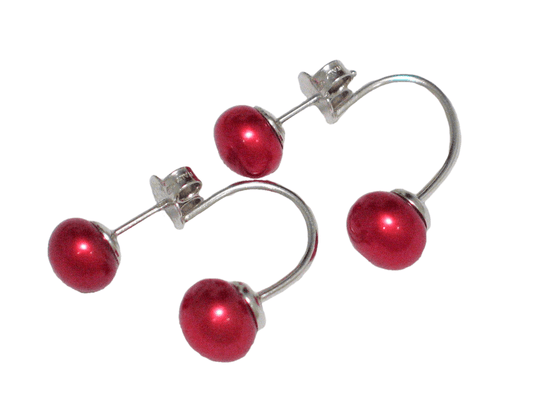 Sterling Silver Earrings, Convertible Stud to Semi Hoop Red Pearl Earring Jackets, Front Back Style 925 Silver Drop Earrings!