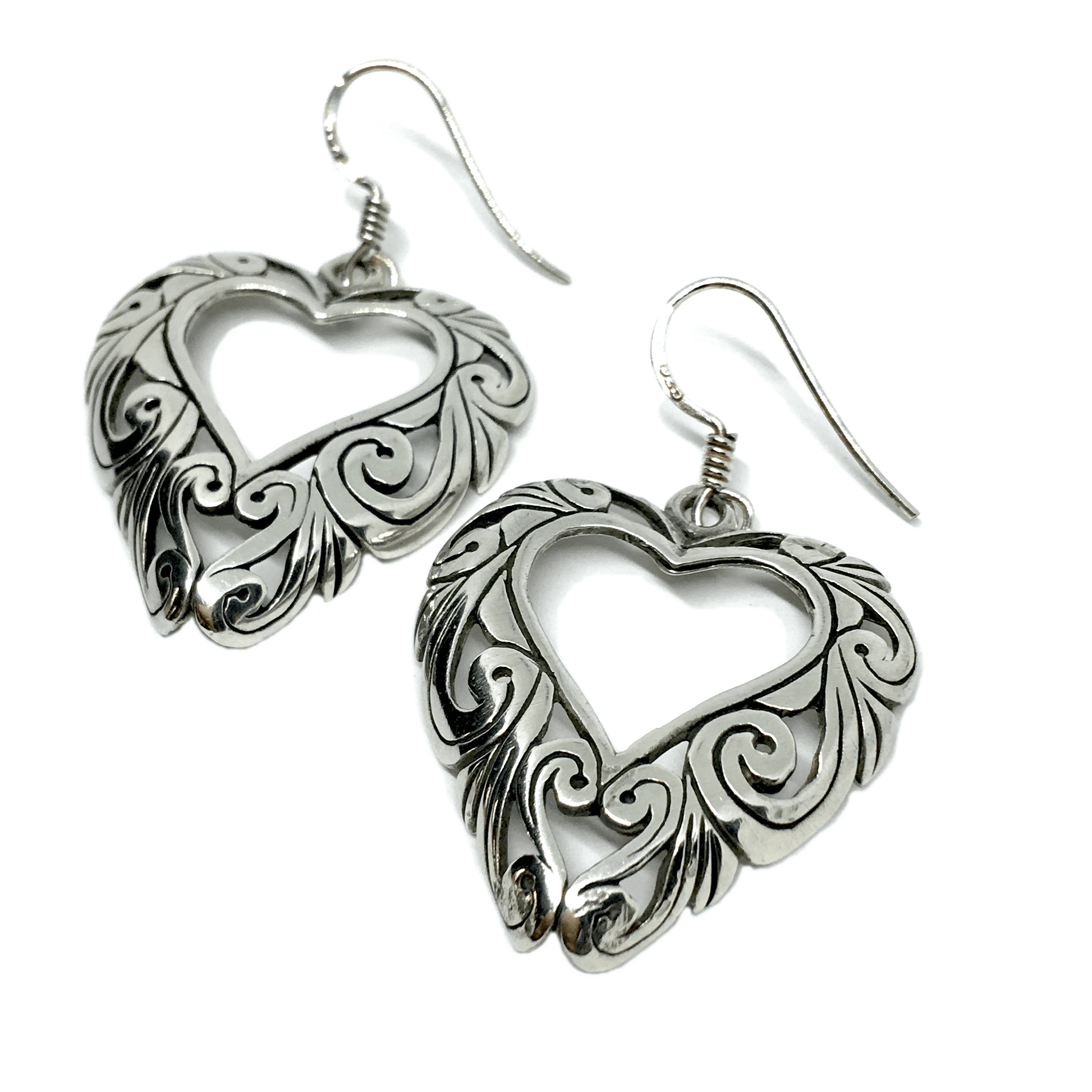 Sterling Silver Heart Earrings, Vintage Flirty Scroll Cutout Design Love Dangle Earrings