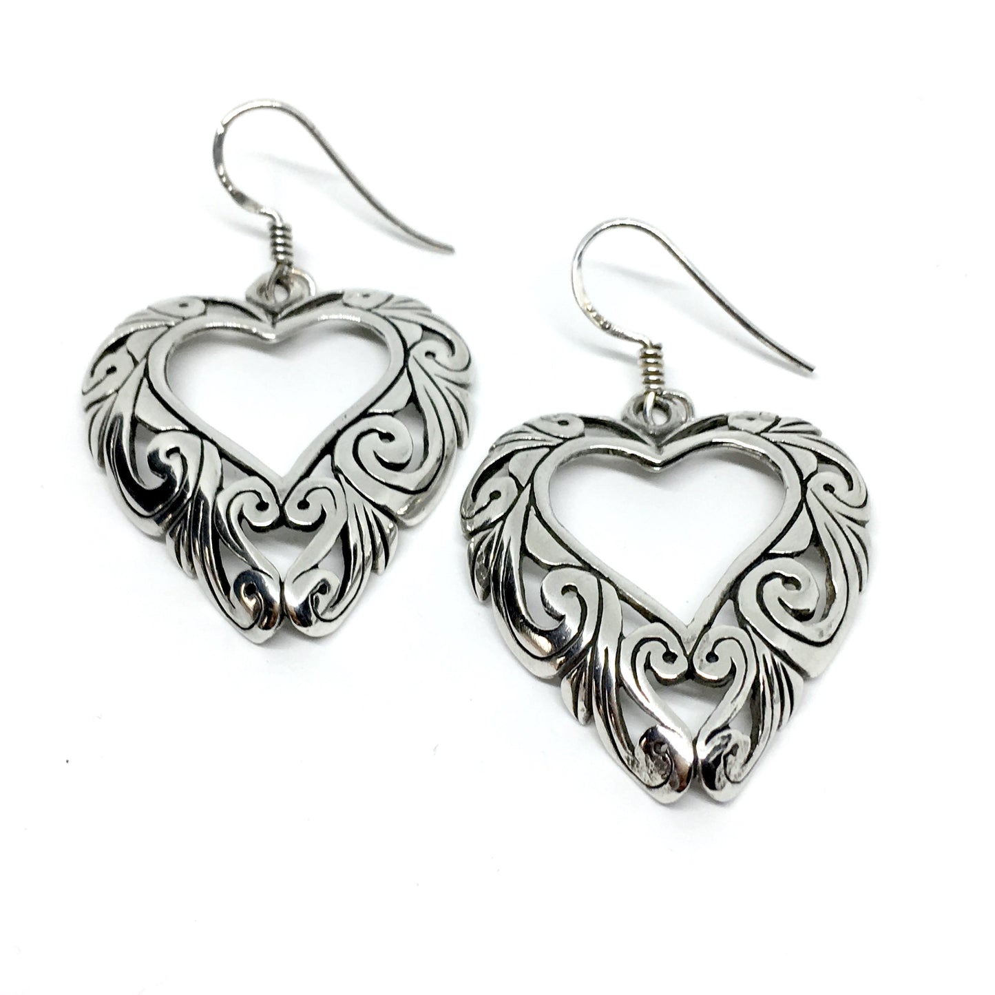 Sterling Silver Heart Earrings, Vintage Flirty Scroll Cutout Design Love Heart Dangle Earrings
