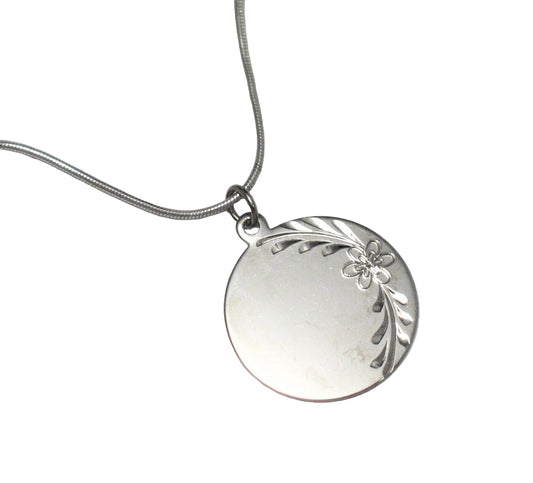 Sterling Silver Necklace, Vintage Etched Flower Design Circle Tag Charm Necklace
