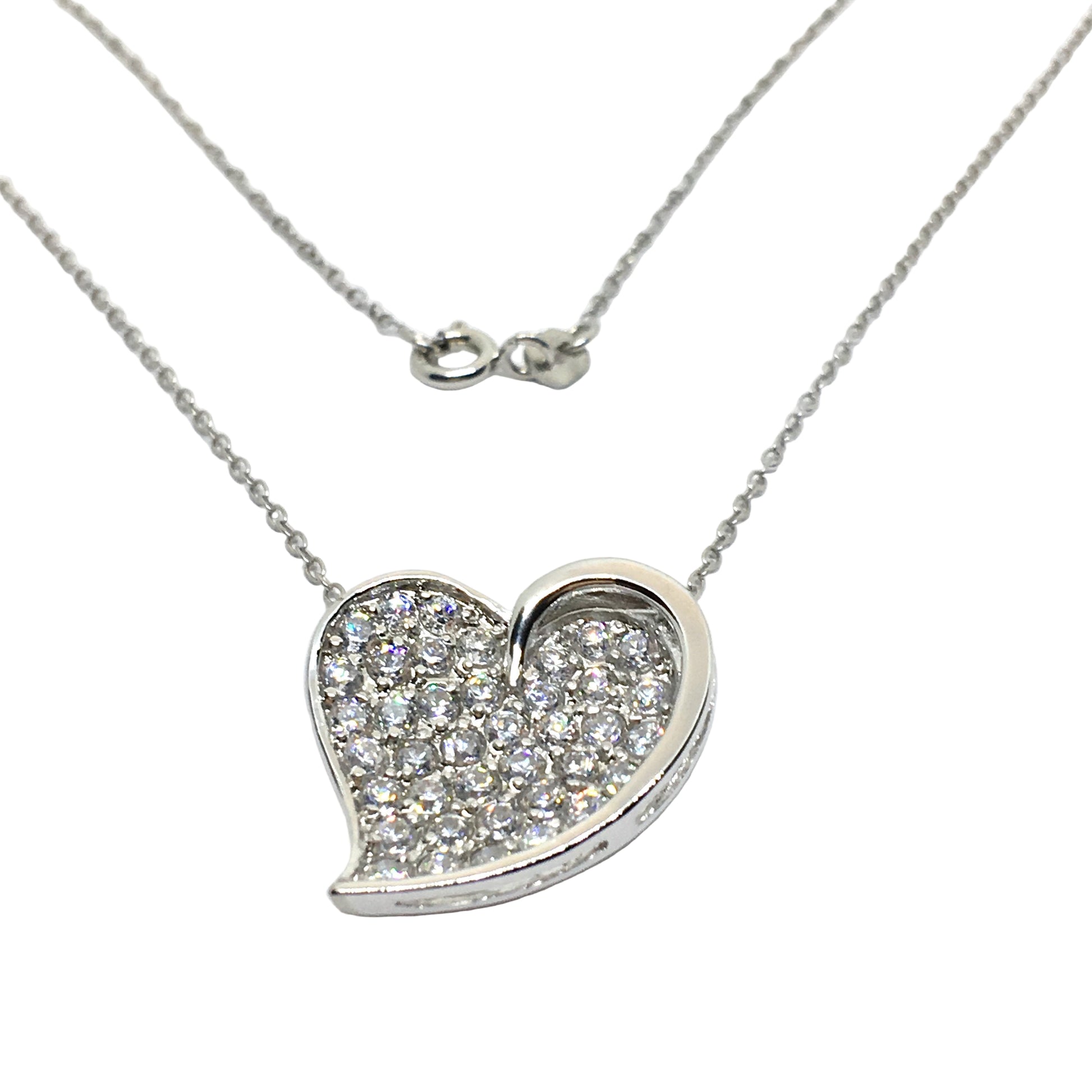 Sterling Silver Fancy Paved CZ Heart Pendant Necklace