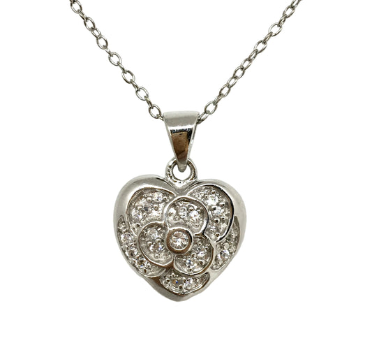 Sterling Silver Pendant Necklace, Sparkling Cubic Zirconia Flower Heart Charm with Silver Chain Necklace