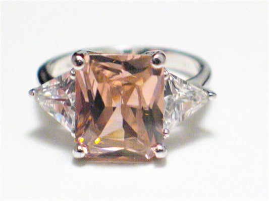 Sterling Silver Ring, sz6 Shimmery Emerald cut Pink Ice 3 Stone 925 Silver Ring