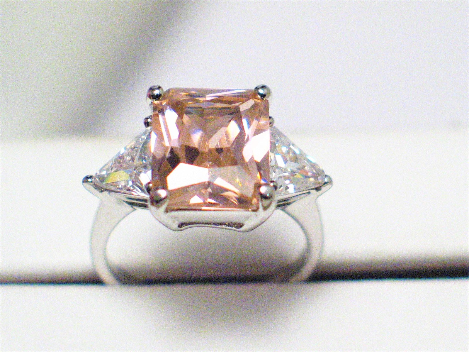 Sterling Silver Ring, sz6 Shimmery Emerald cut Pink Ice 3 Stone Statement Ring- Blingschlingers Jewelry
