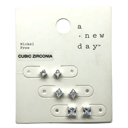 Fashion Jewelry | 3prs Silver Sparkly Graduating Square Cz Stud Earrings 