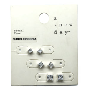 Fashion Jewelry | 3prs Silver Sparkly Graduating Square Cz Stud Earrings 