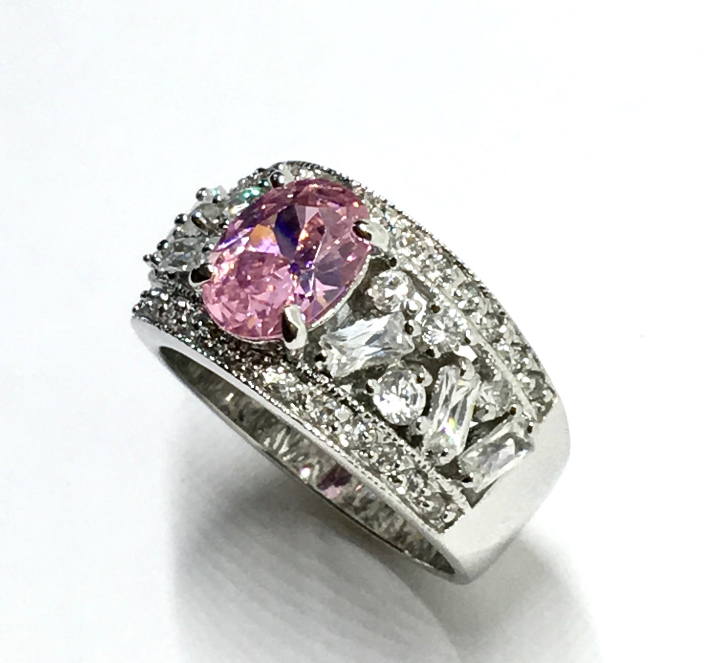 Fancy Sterling Silver Gemstone Ring, Elegant Sparkling Pink Cz Wide Band Ring