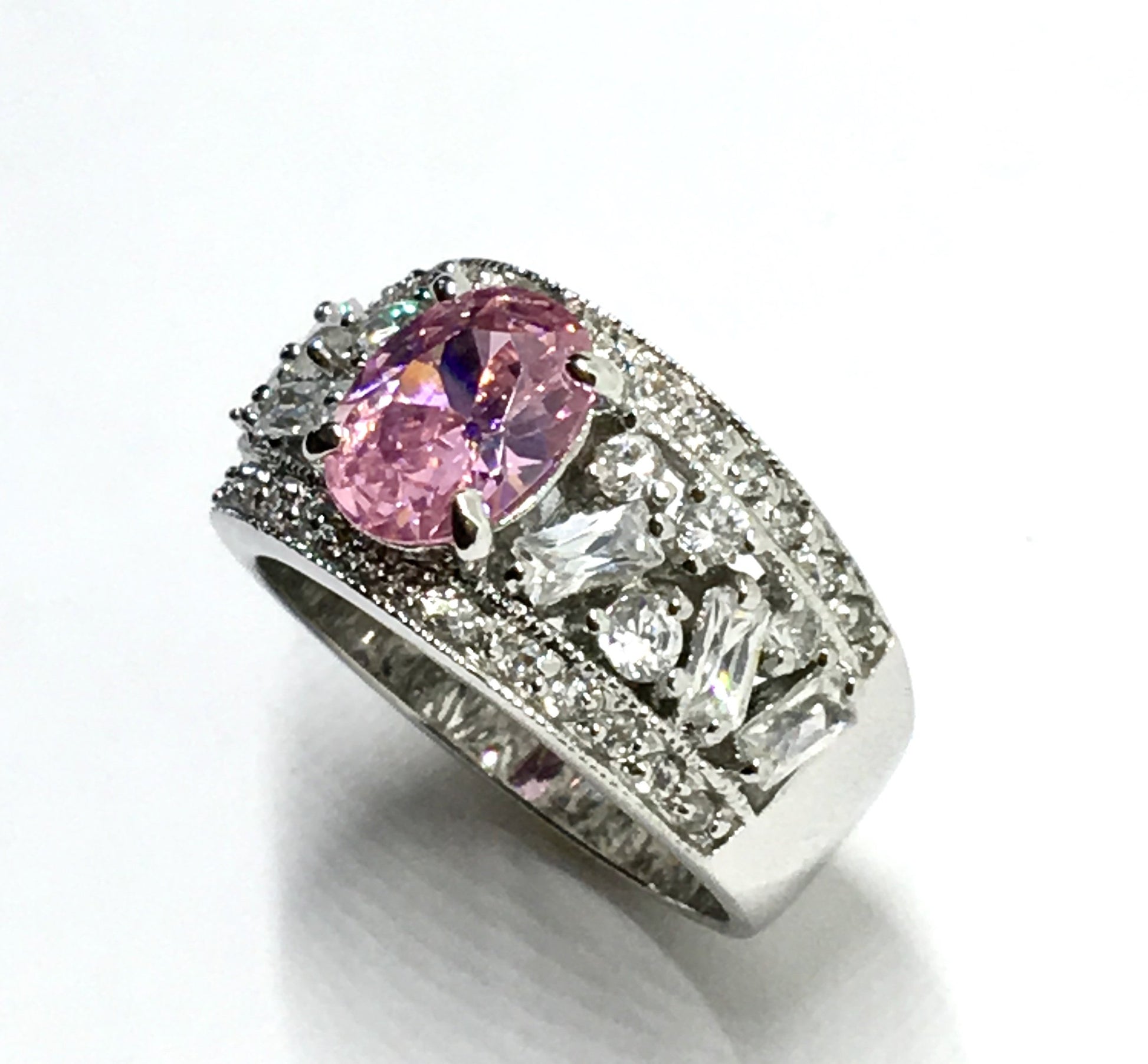 Fancy Sterling Silver Gemstone Ring, Elegant Sparkling Pink Cz Wide Band Ring