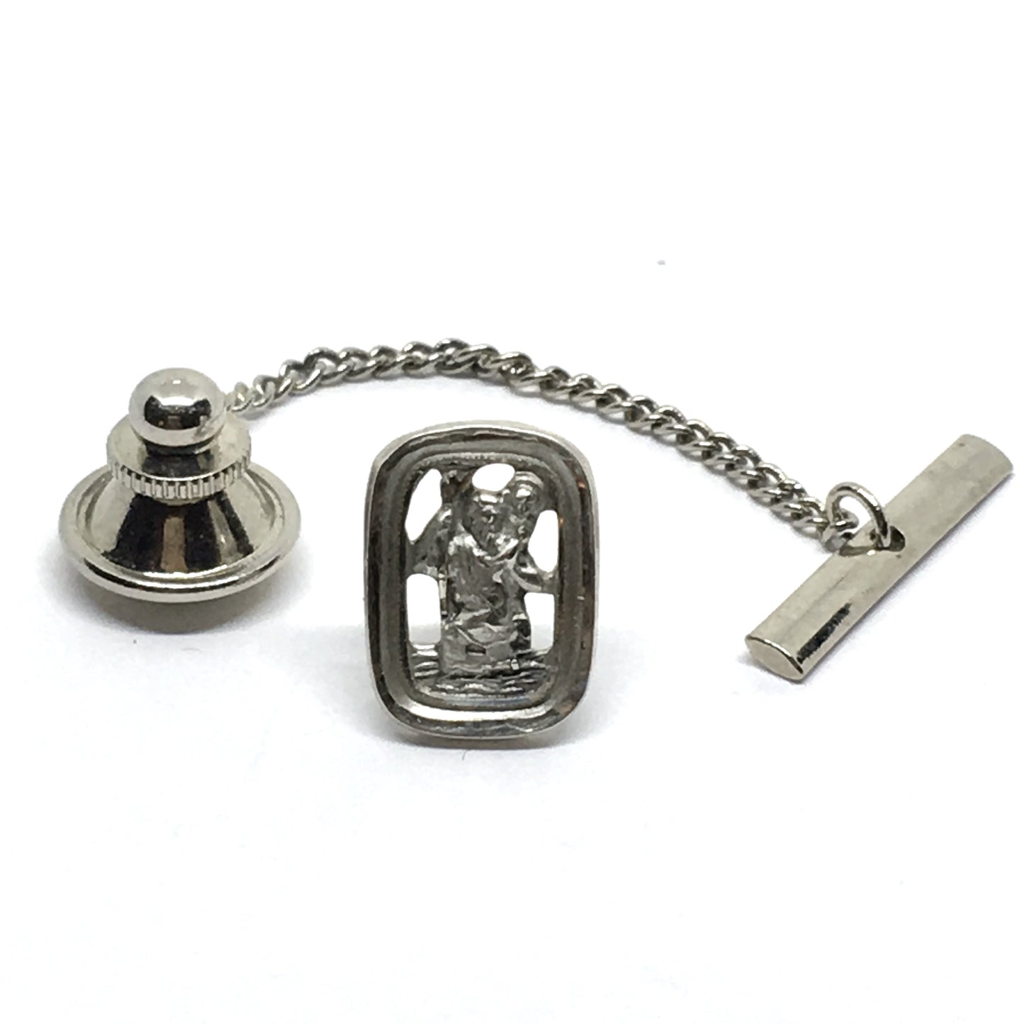 Sterling Silver Tie-tack, Vintage Rectangle St Christopher Religious Tie Tack