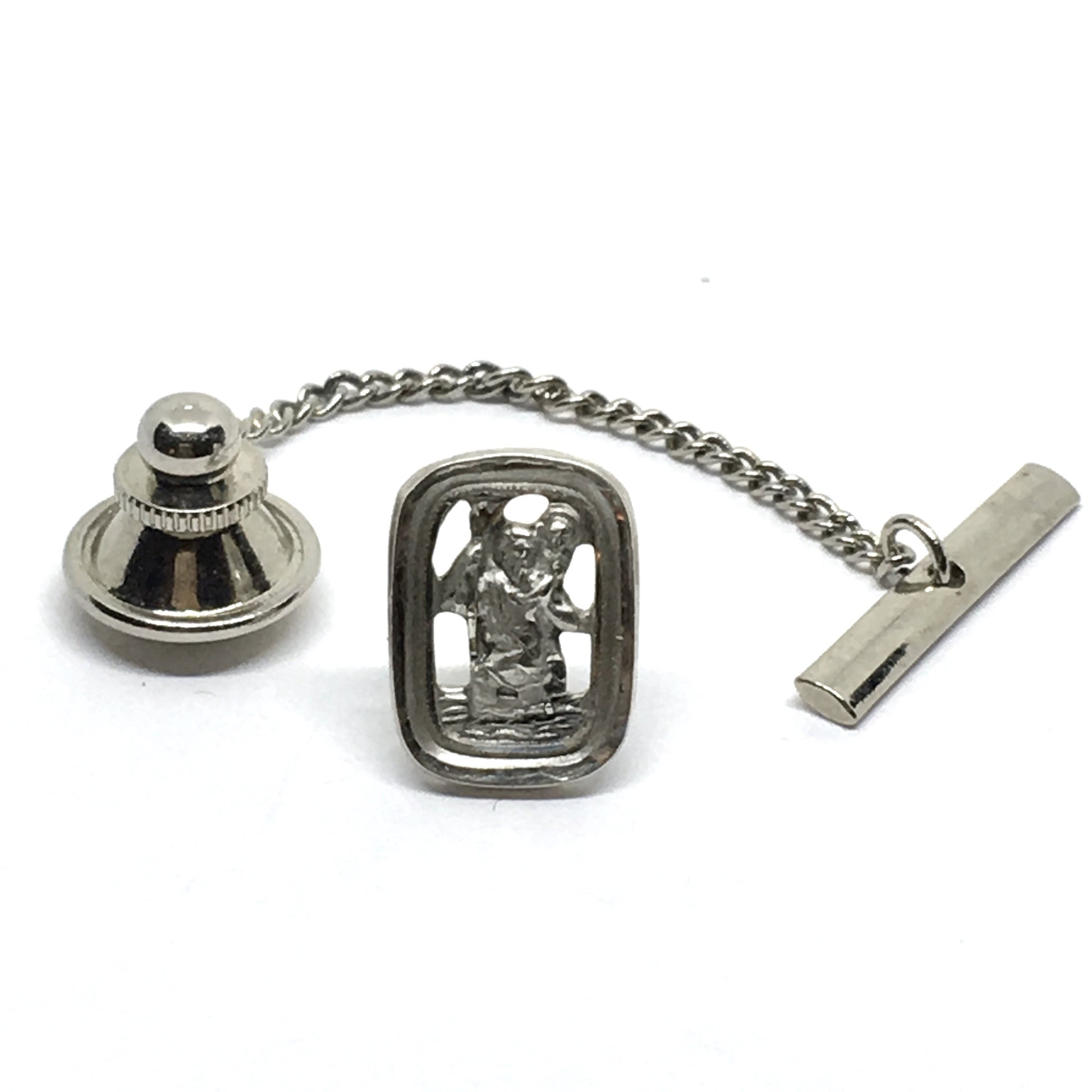 Sterling Silver Tie-tack, Vintage Rectangle St Christopher Religious Tie Tack
