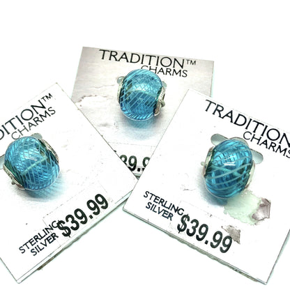 Jewelry Women Teens - 3 Sterling Silver Blue Pinstripe Design Euro Style Bead Charms