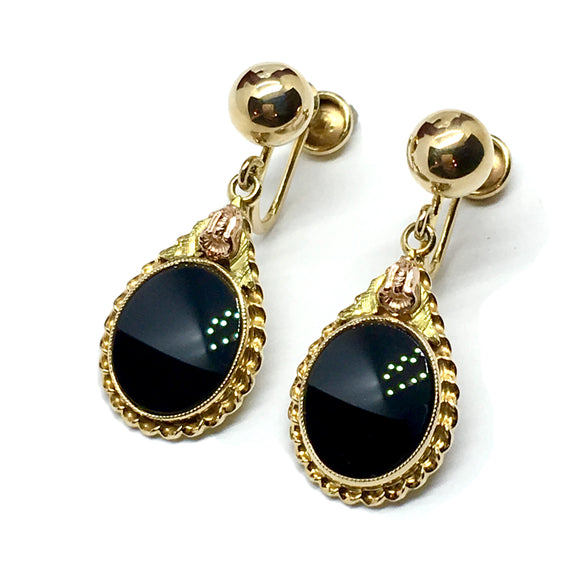 Vintage Jewelry - Womens 10k Gold Black Onyx Stone Dangle ClipOn Earrings