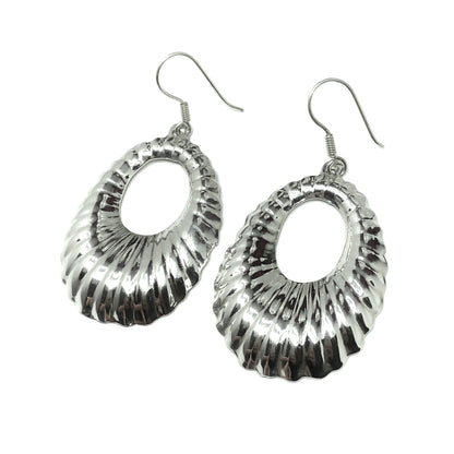 Vintage Ribbed Oval Hoop Style Sterling Silver Dangle Earrings