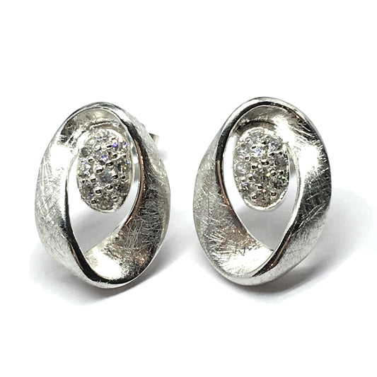 Earrings - Sterling Silver Shimmery Cubic Zirconia Wavy Oval Earrings - Gemstone Stud Earrings
