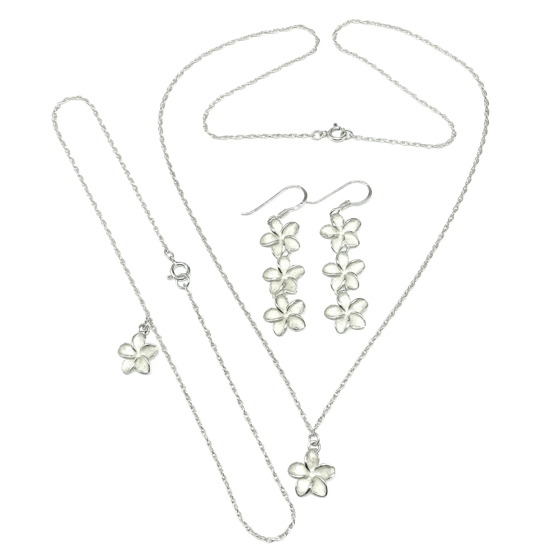 Ankle Bracelet 11.25 in | Matching Set 20" Sterling Silver Plumeria Flower Necklace, Earrings Bracelet Jewelry Set