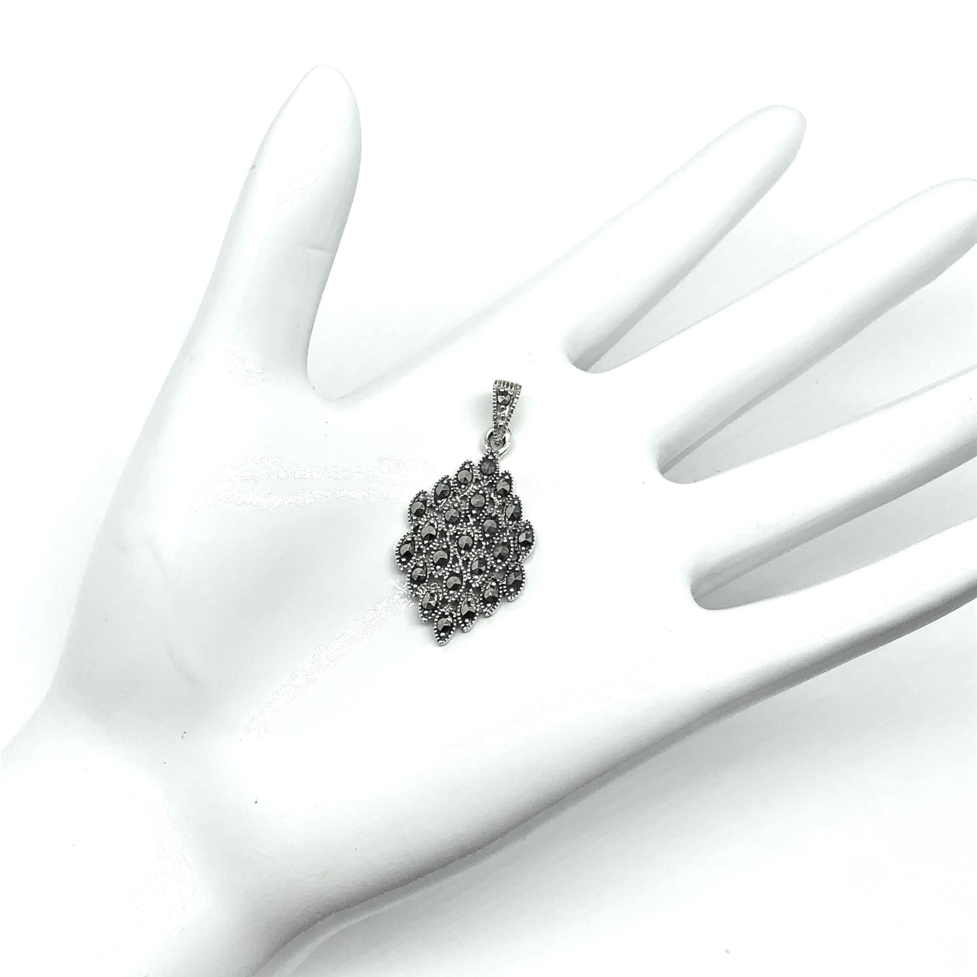 925 Silver Glinting Marcasite Marquise Design Pendant | Discount Estate Jewelry