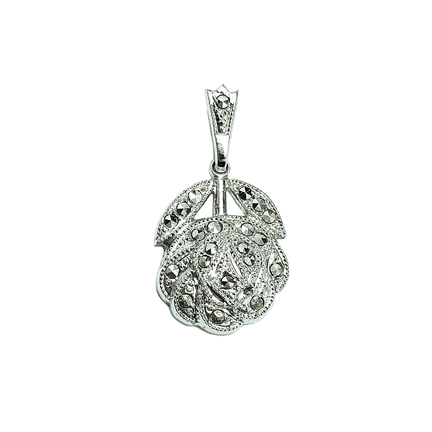 Charms & Pendants | Sterling Silver Shimmery Metallic Gray Marcasite Stone Flower Pendant | Vintage Designer Jewelry