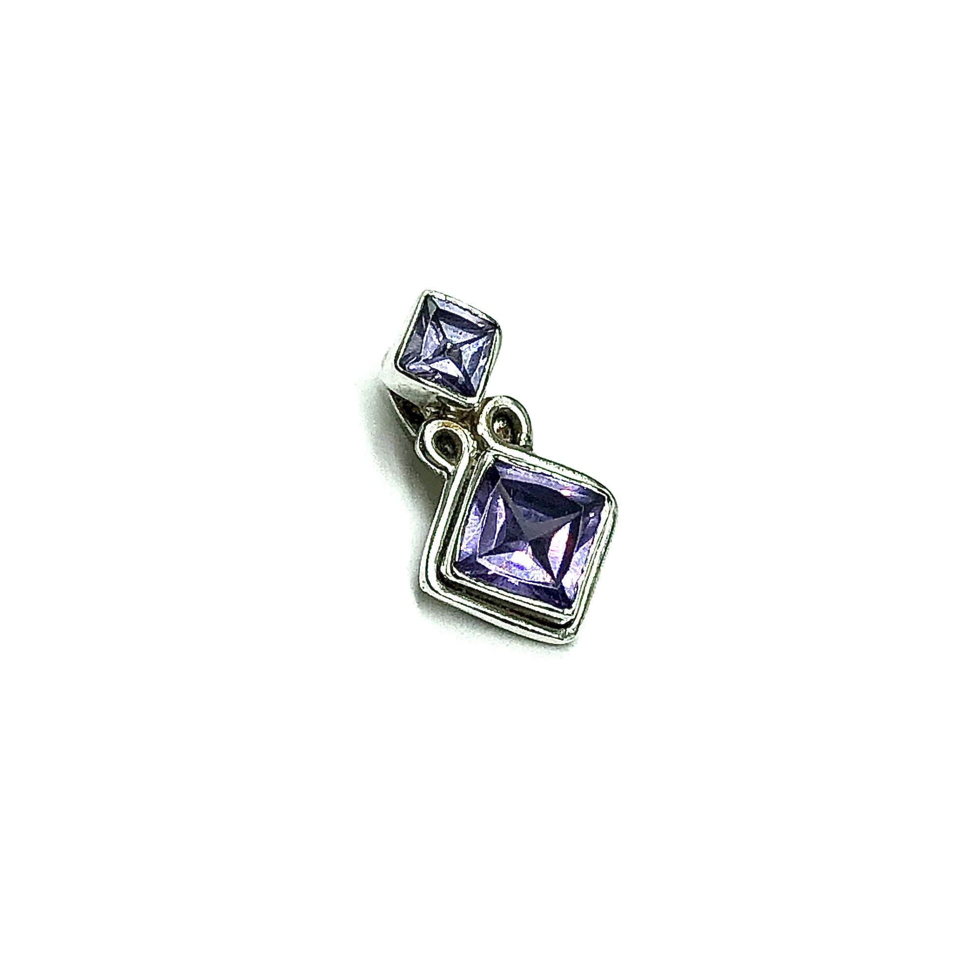 Jewelry | Pendant - Small Sterling Silver Diagonal Square Design Purple Cz 2 Stone Pendant 